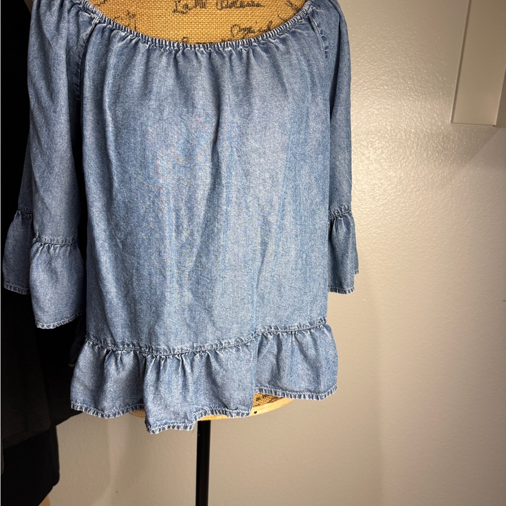 Light Chambray Off-Shoulder Ruffle Tunic